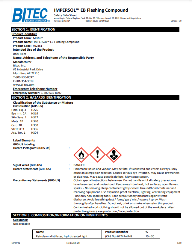 Impersol™ EB Flashing Compound Safety Data Sheet