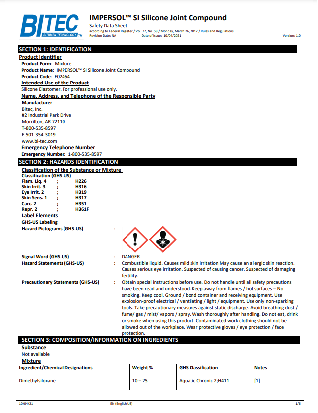 Impersol™ SI Joint Compound Safety Data Sheet
